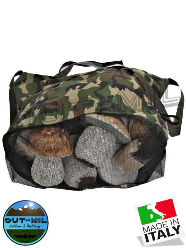Borsa a mano/tracolla mimetica con rete sul fondo per raccolta funghi, tartufi, castagne - immagine 3